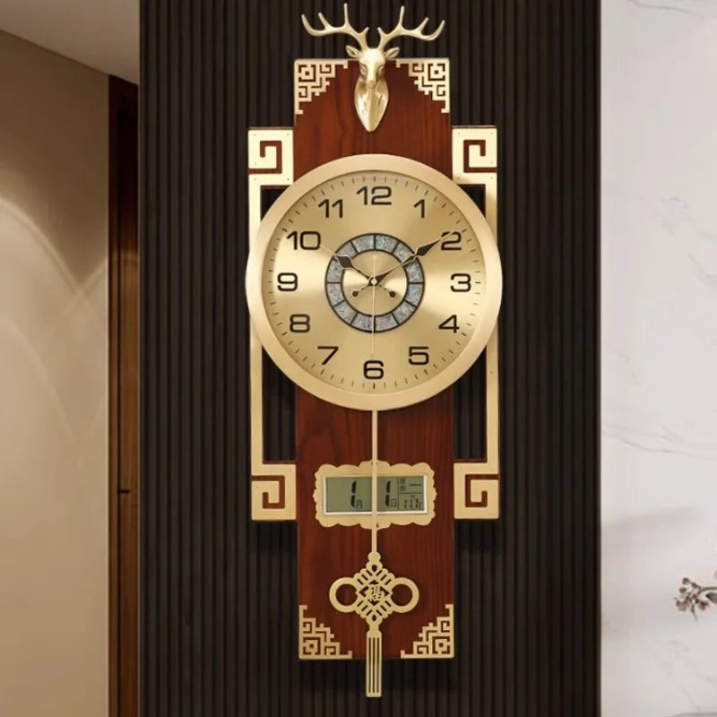 horloge murale or marron motif géométrique asiatique cadran analogique LED figurine cerf métal doré