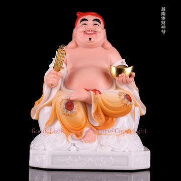 statue personnage assis rouge rose blanc floral feng shui traditionnel asiatique panier tablette dorée