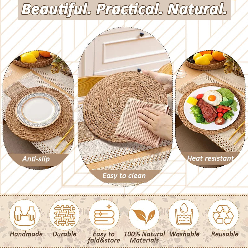 ensembles table boho rustique serviettes lin macramé franges assiettes couverts plateaux