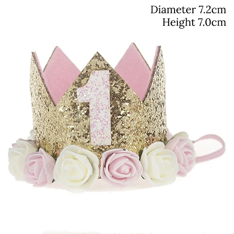 couronne enfant anniversaire ans paillettes or rose blanche fleurs artificielles bandeau élastique princesse festif