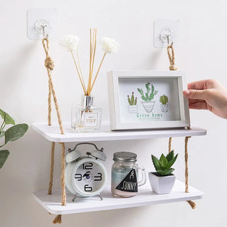 étagère murale suspendue bois corde blanche rustique deco salon cuisine