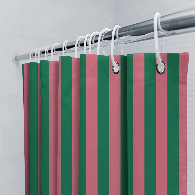rideau douche moderne vert foncé rose rayures opacité imperméable tapis bain décoration chambre anneaux