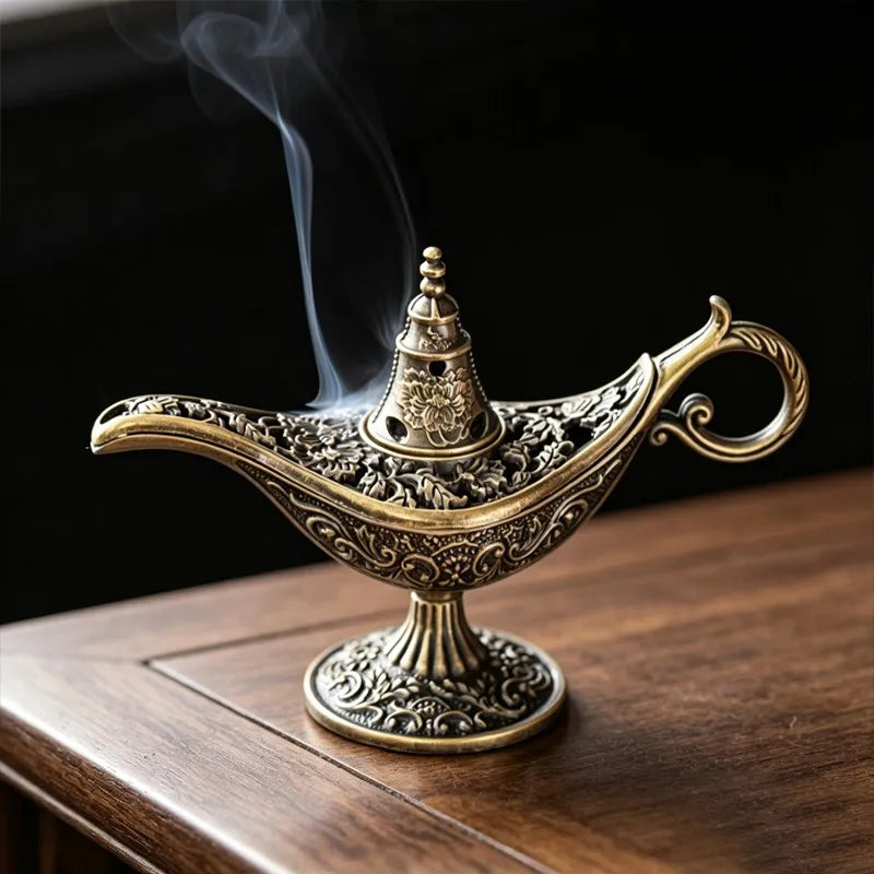 brûle encens doré ornements floraux lampe huile oriental ancien intérieur ambiance relaxante purification air