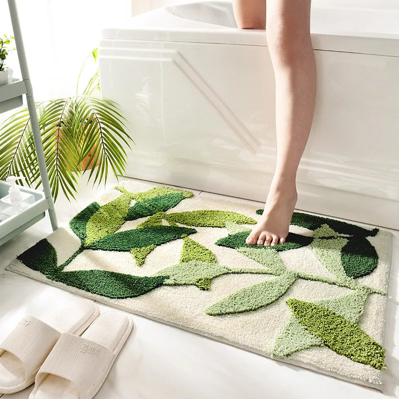 tapis bain feuilles vertes fond blanc absorbant antidérapant doux microfibre moderne salle bain