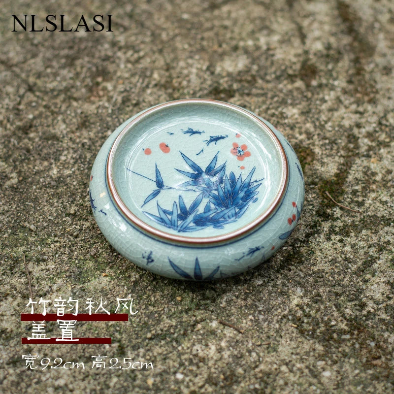 boîte thé bleu blanc rouge peinture chinoise artisanale tasse inclusion montagne fleur