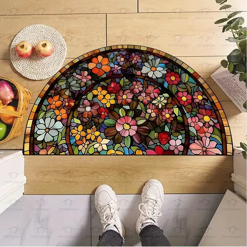 tapis d'entrée mosaïque fleurs géométriques antidérapant résistant noir bleu doré 40x60cm