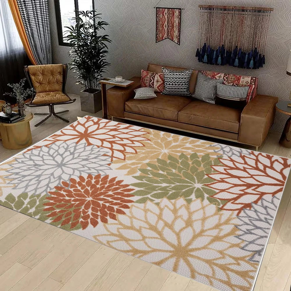 tapis moderne fleurs abstraites orange bleu vert beige extérieur antidérapant polypropylène polyester