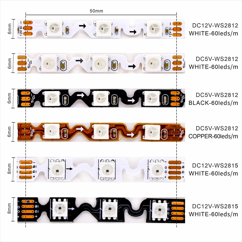 ruban led flexible 60 diodes 5v 12v ws2812 ws2815 blanc noir cuivre moderne technologique