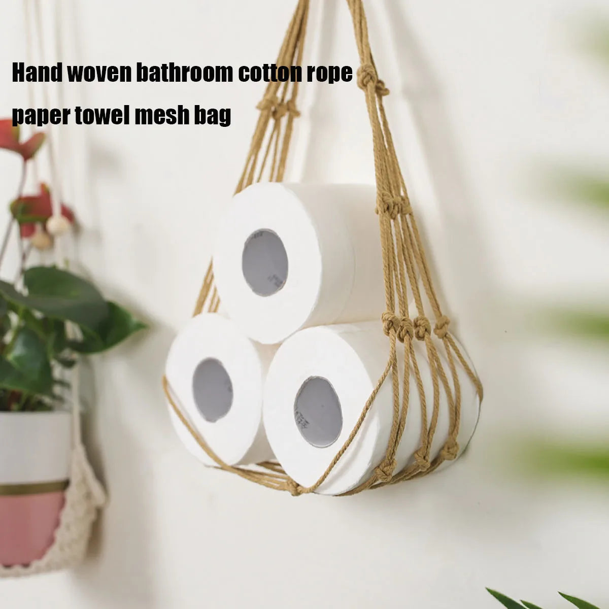 porte rouleaux papier toilette suspendu cordelettes decoratives filet tresse boheme rustique artisanal