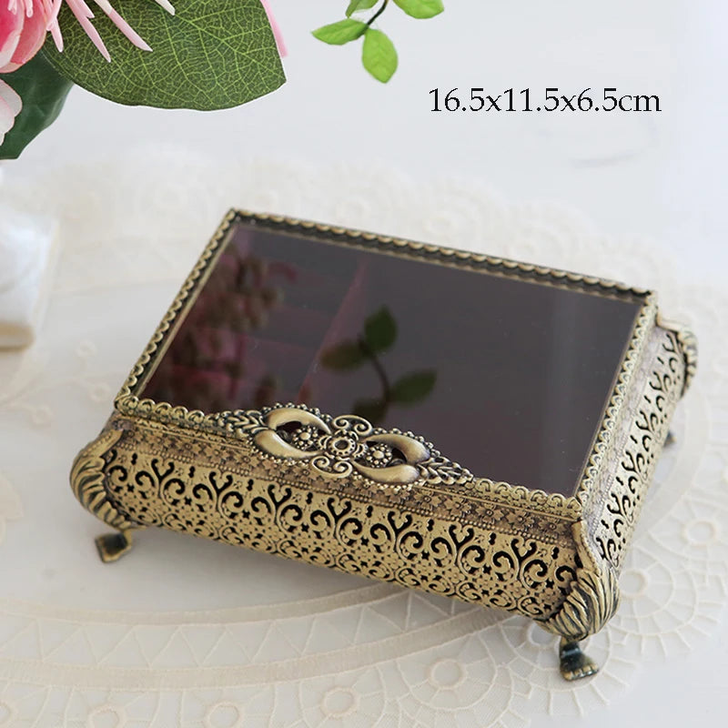 boîte bijoux vintage boîte rectangle ornements floraux poignées décoratives verre noir opaque bracelet boucles