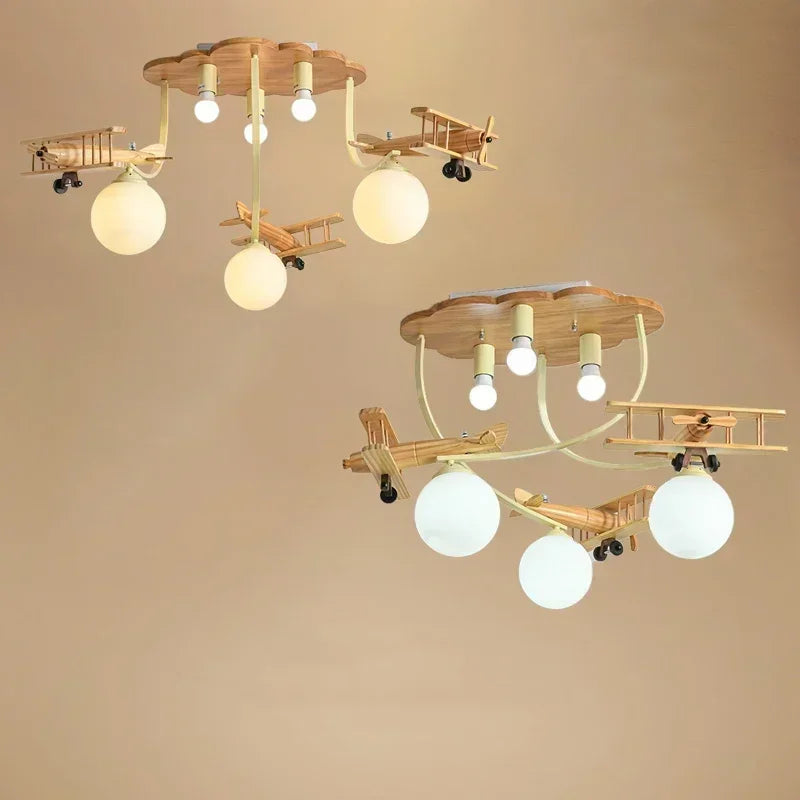 lampe bois naturel avions sphères translucides vintage moderne chambre enfants