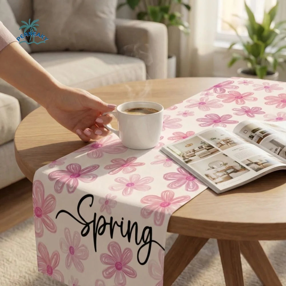 nappe runner floral printemps pâquerettes calligraphie couleurs vives décoration table saisonnelle bleu rose vert