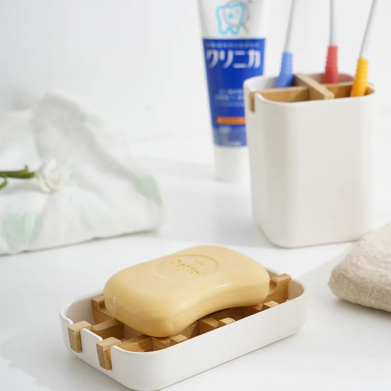 support savon moderne bambou blanc brun clair salle bain grille intégrée minimaliste portable