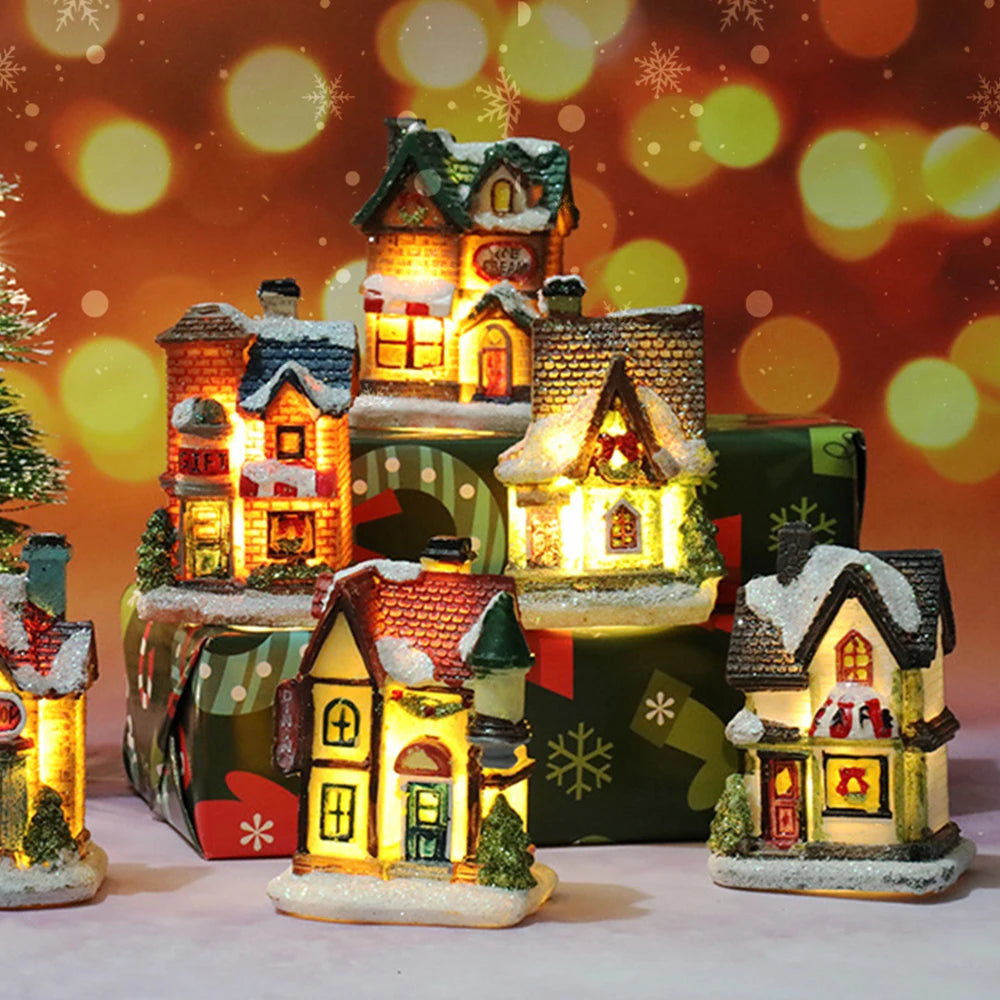 décorations noël maisons lumineuses multicolores motifs traditionnels résine vintage guirlandes lumineuses toits chaume fenêtres
