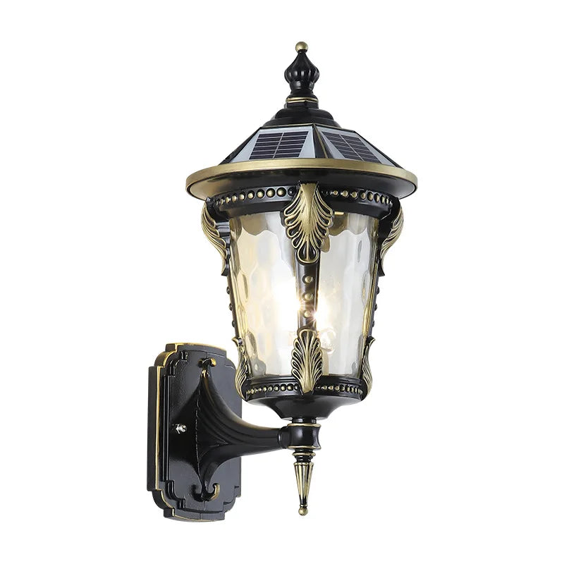 lampe solaire murale classique ornements dorés verre translucide noir ip55 led industrielle