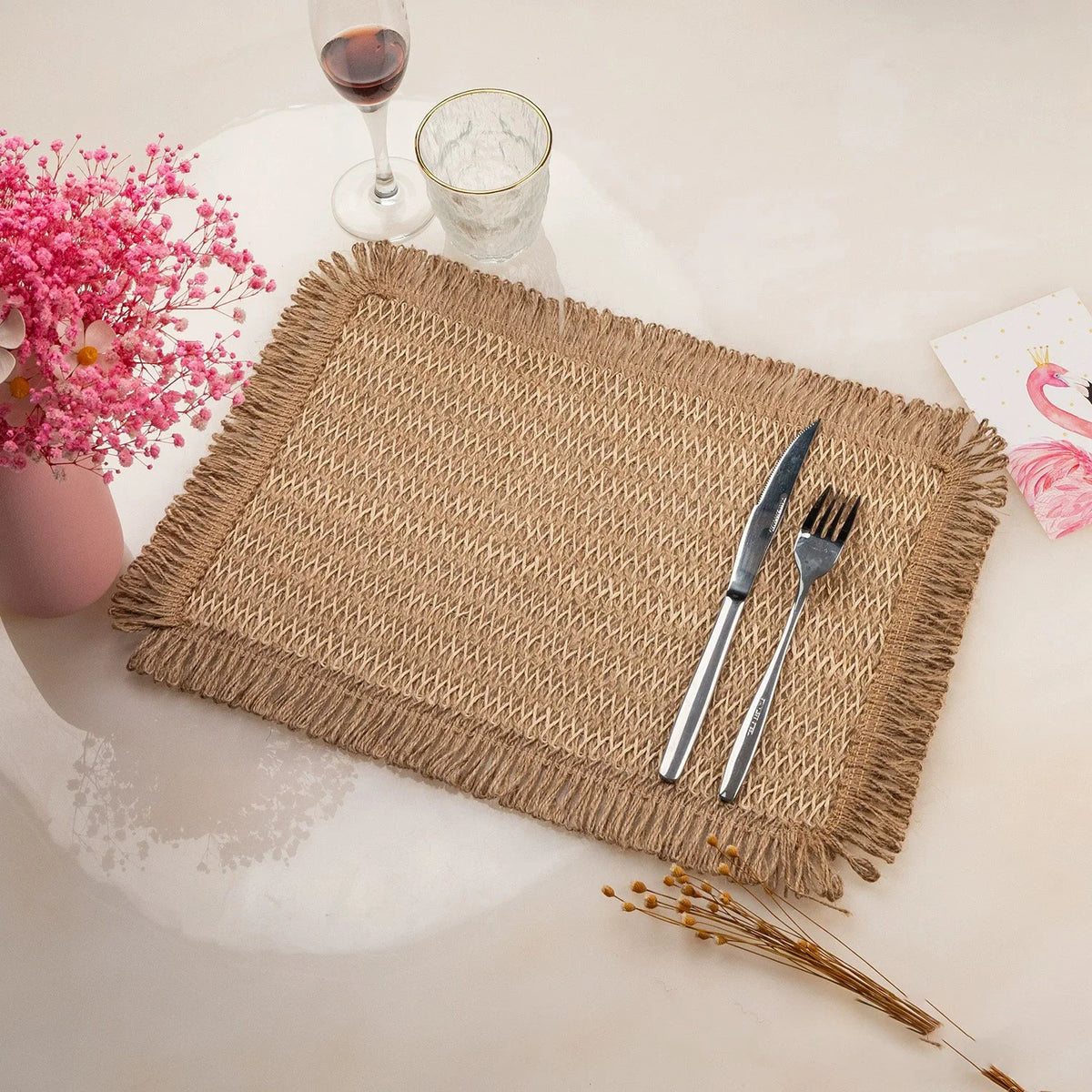 Sets table rectangulaires tressés bohèmes beige marron vert olive franges rustiques naturels