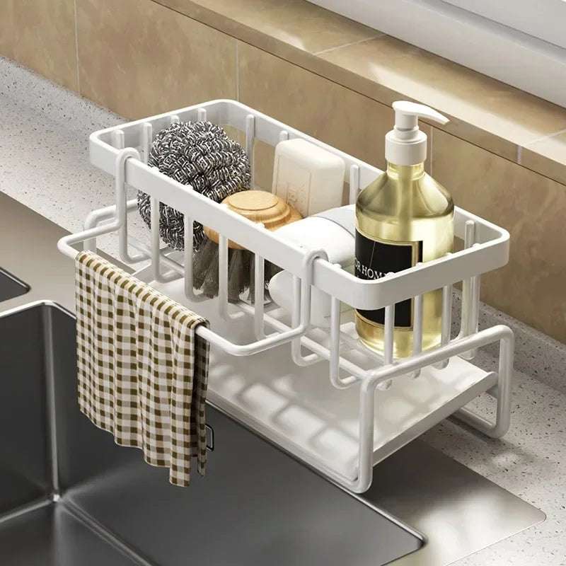 étagère cuisine moderne blanche grise éponge vaisselle détergent serviette plaid crochet mural rangement multifonctionnel