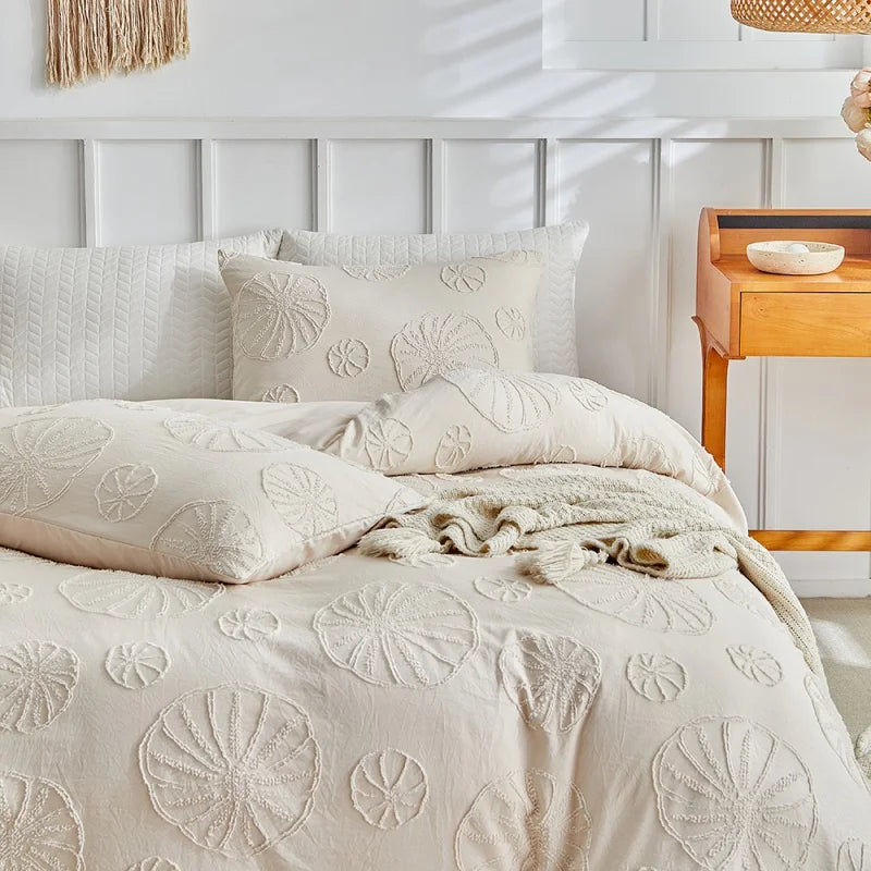 Housse de couette kaki broderie bohème touffeté microfibre