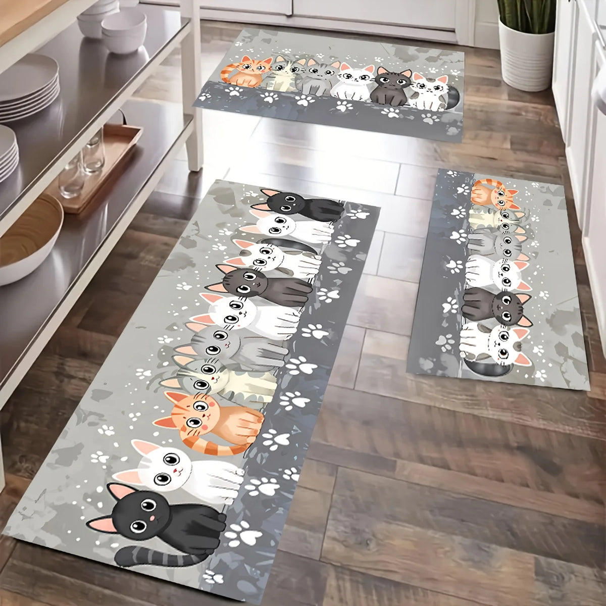 tapis sol chatons mignons gris blanc noir moderne imperméable résistantintérieur cuisine salon