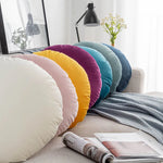 taies d'oreillers rondes velours couleurs unies moderne décoratives intérieur blanc bleu marine jaune rose