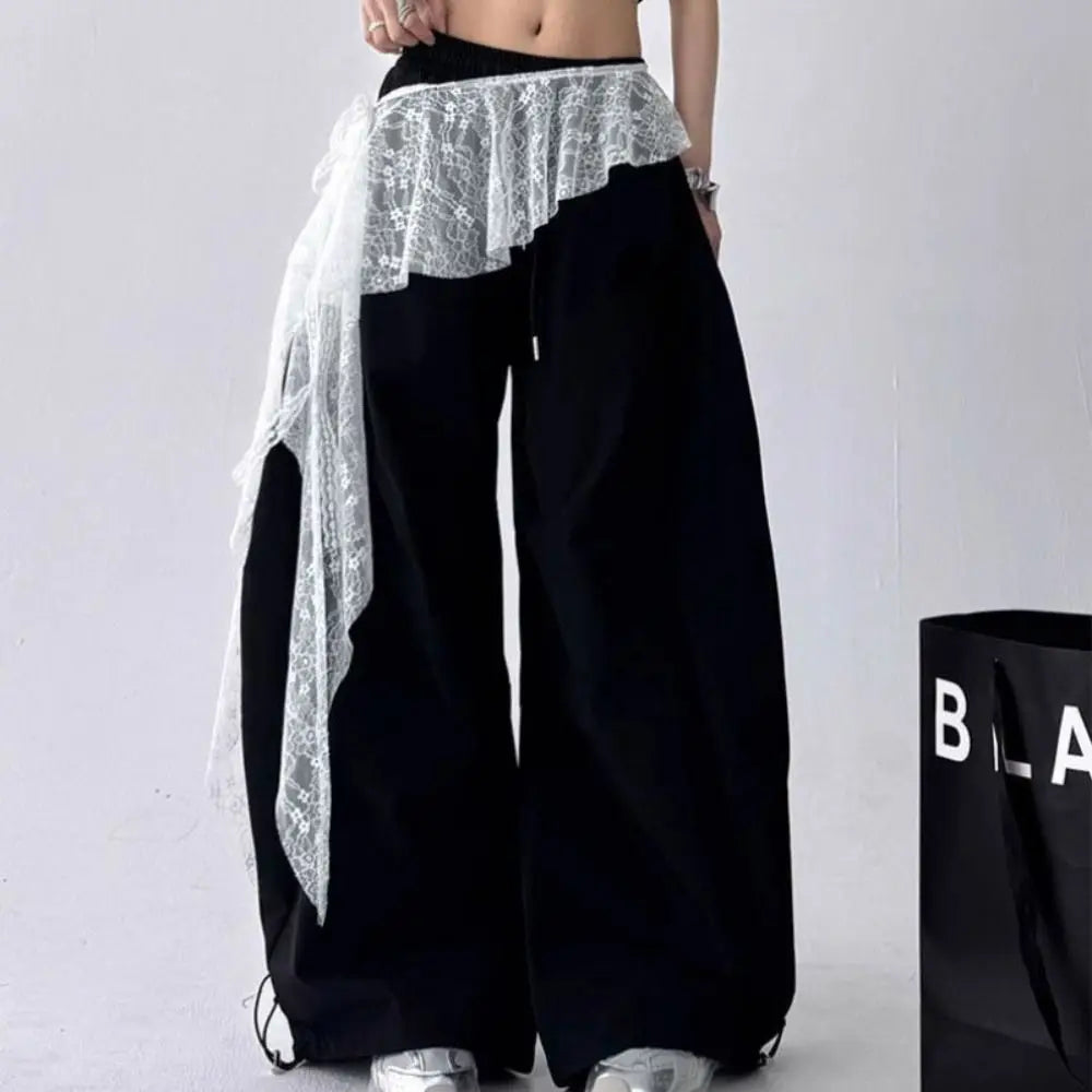 pantalon femme noir dentelle blanche asymétrique décontracté moderne étirable été festival carnaval
