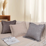 taies d'oreiller carrées modernes couleurs marron rose beige franges coton polyester