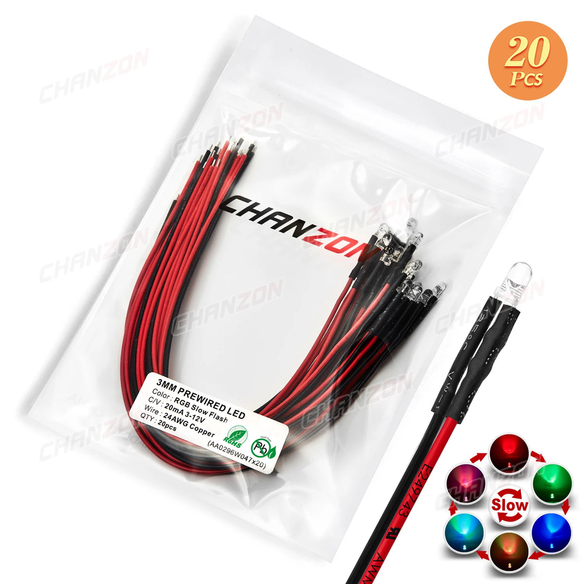 LED prébranchées multicolores clignotantes 12V noir rouge blanc vert bleu jaune transparent moderne