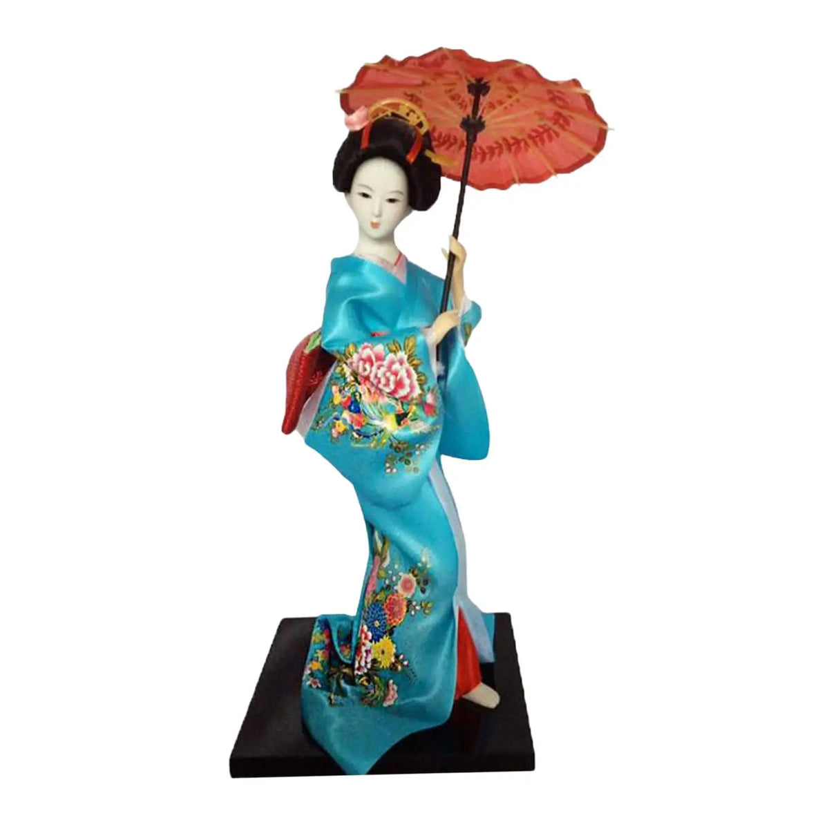 poupée japonaise geisha argile broderie florale motifs géométriques accessoires traditionnels blanc rouge vert bleu