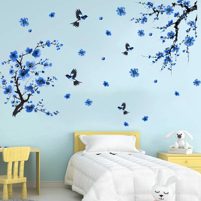 sticker mural fleurs oiseaux bleu noir artiste adhésif chambre salon moderne décoration intérieure