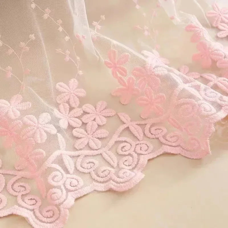 rideau rose fleurs blanches romantique tulle dentelle salon chambre polyester