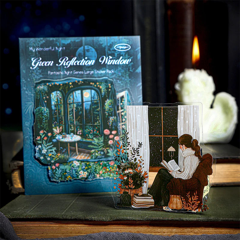 Stickers illustratifs paysages nocturnes personnages végétation étoiles lunes adhésifs scrapbooking