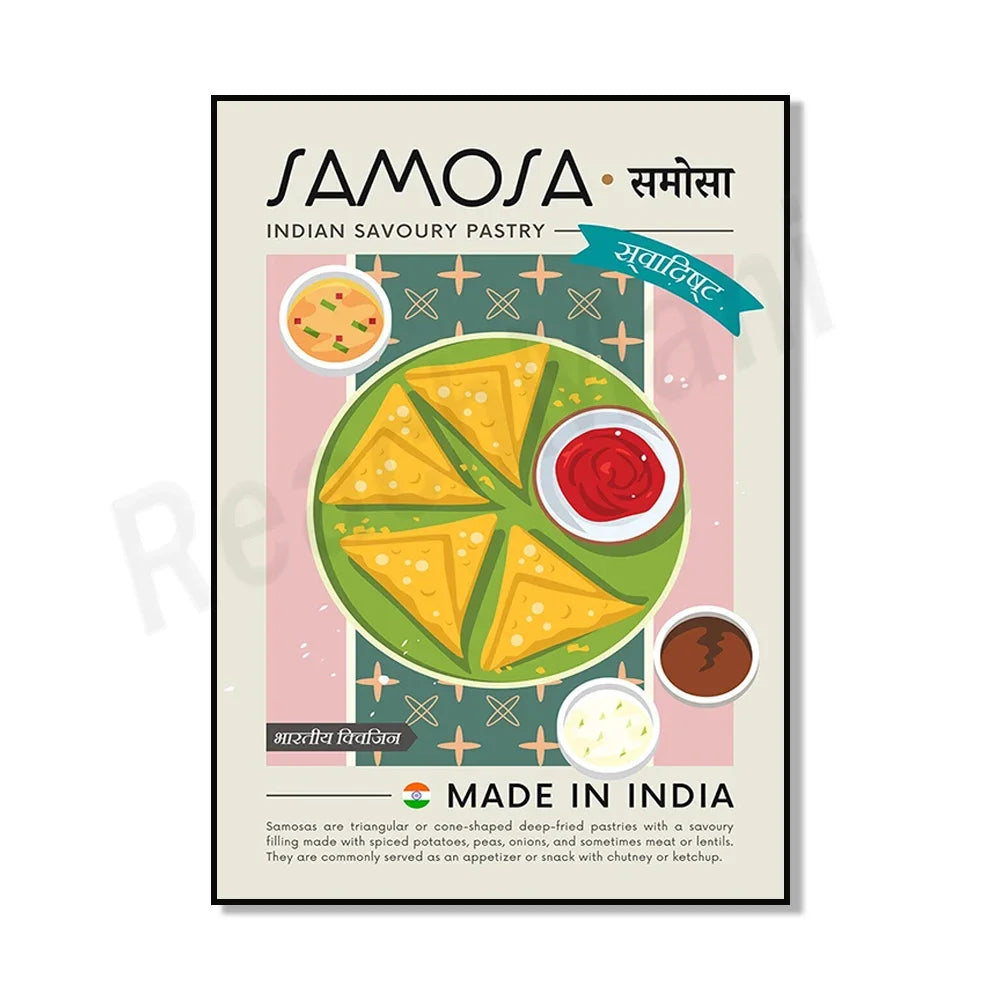 Délicieux samosas triangulaires ou en forme de cône, frits et garnis d'une savoureusse farce de pommes de terre épicées, petits pois, oignons et parfois de la viande ou des lentilles, servis en apéritif ou en accompagnement avec de la chutney ou du ketchup.