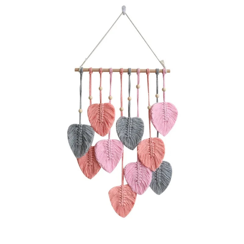 décoration murale boho feuilles macramé vert rose blanc coton polyester 40x90cm crochet