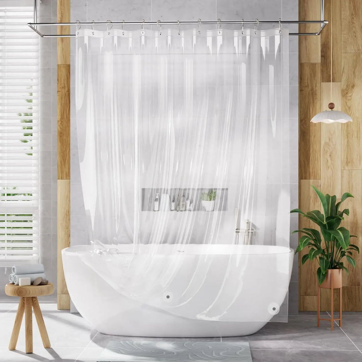 rideau douche transparent rayures verticales moderne aimants lestés imperméable résistant taches anneaux métalliques 80x180cm