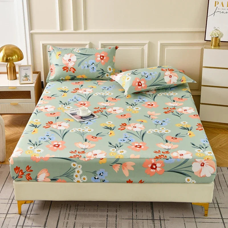 drap housse floral imprimé fleurs colorées moderne elastique oreillers assortis adultes chambre verte blanche