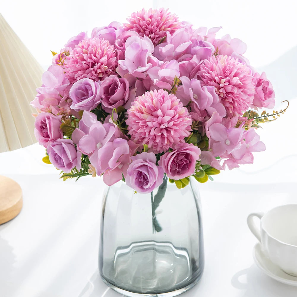 Bouquet fleurs artificielles rose blanc violet rouge bleu vase verre décoration intérieure moderne élégante