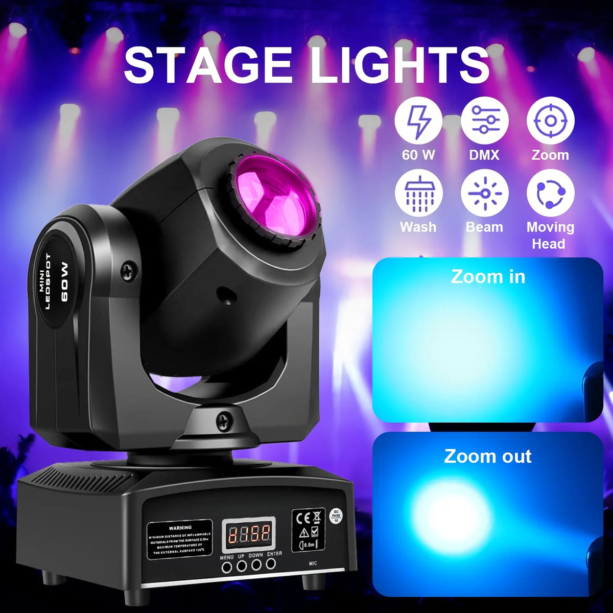 projecteur scène mobile 60w led dmx gobo effet lumière dj noir moderne