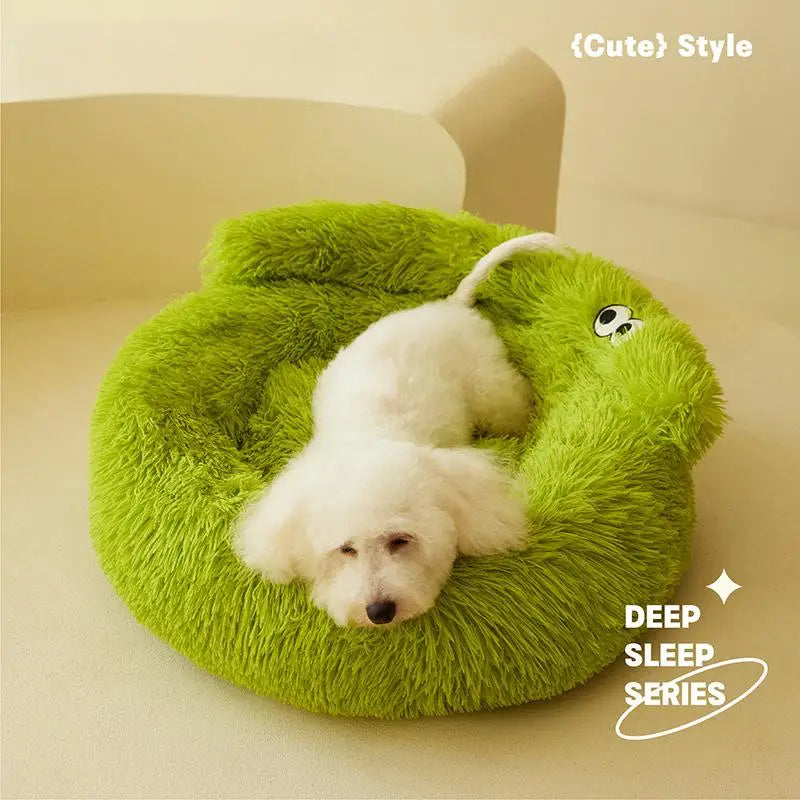 coussin peluche rond doux chat chien lit animal confortable beige gris vert