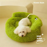 coussin peluche rond doux chat chien lit animal confortable beige gris vert