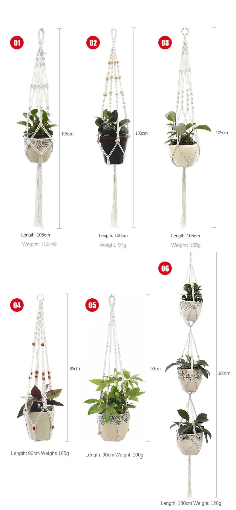support plante suspendue macramé blanc artisanal anneaux métalliques pot inclusion 90cm 105cm 155cm