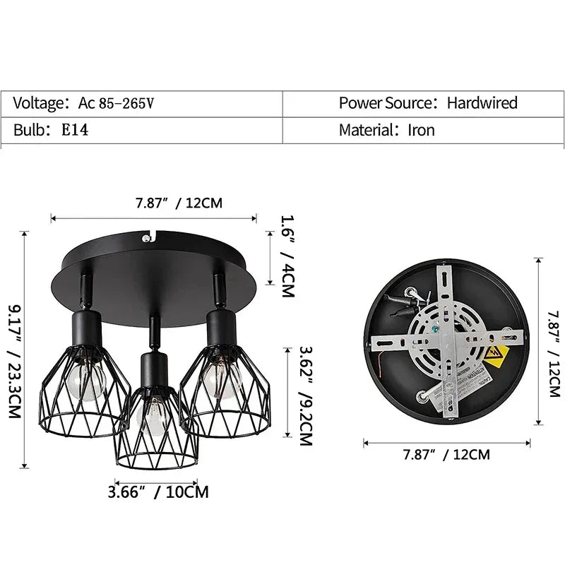 plafonnier industriel noir cage métal ampoules led surface éclairage quotidien