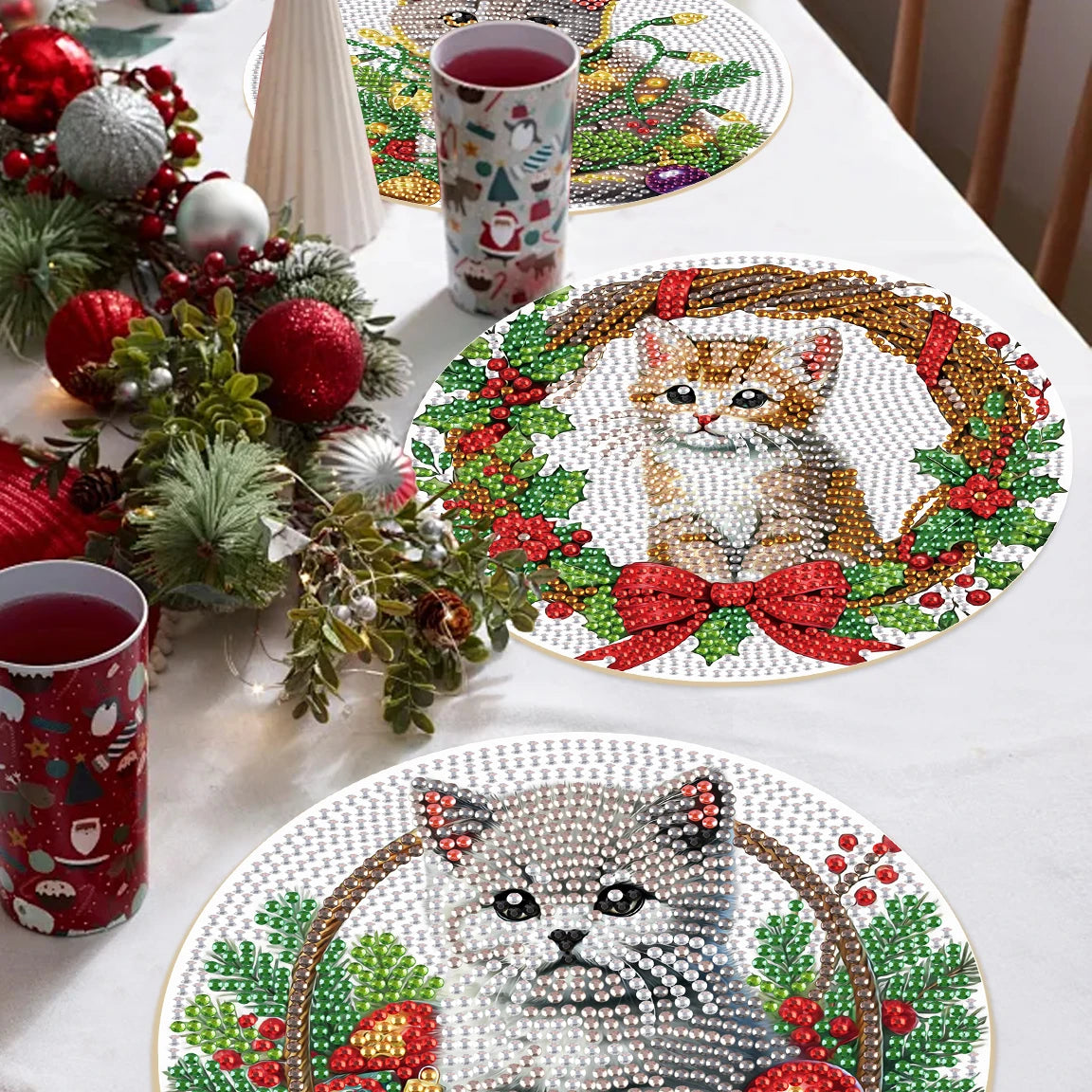 tapis table artisanal broderie diamant chat noël multicolore moderne ornement maison