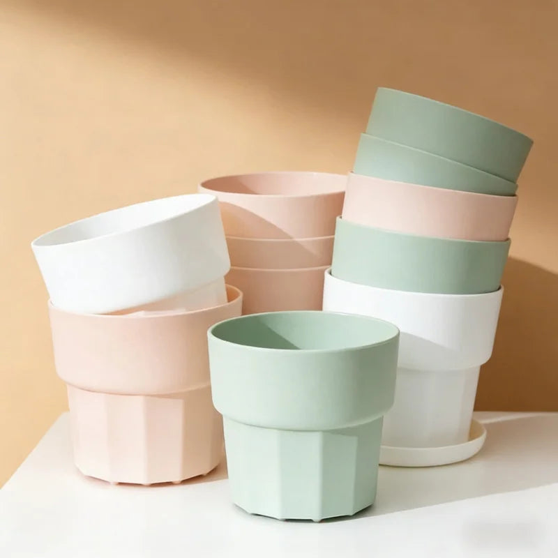 pots fleurs plastique blanc rose vert facettés moderne minimaliste support plateau