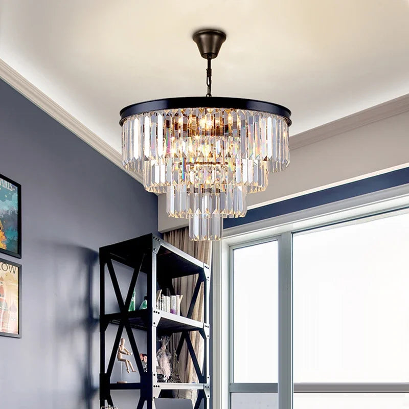 lustre led moderne élégant cristal transparent doré rangs pendants chaines noires