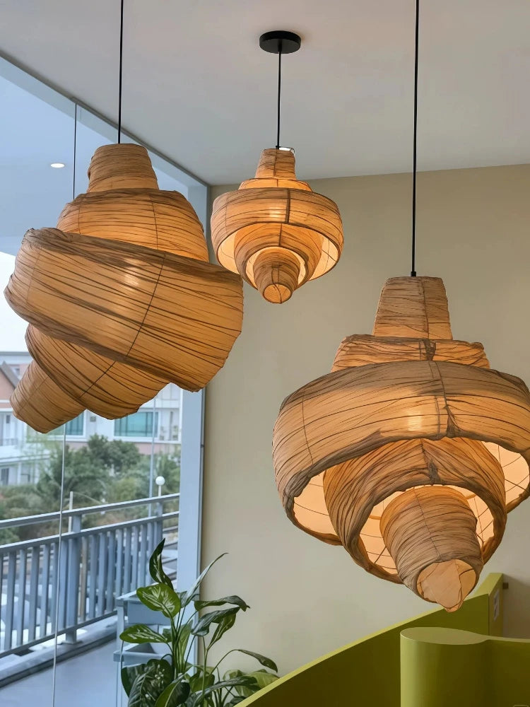 lampe suspendue tissu spirale moderne lumière chaude blanc beige chambre salon restaurant