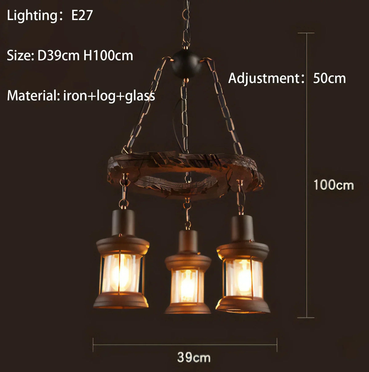 Suspension lumineuse industrielle marron doré verre translucide ampoules métal bois vintage