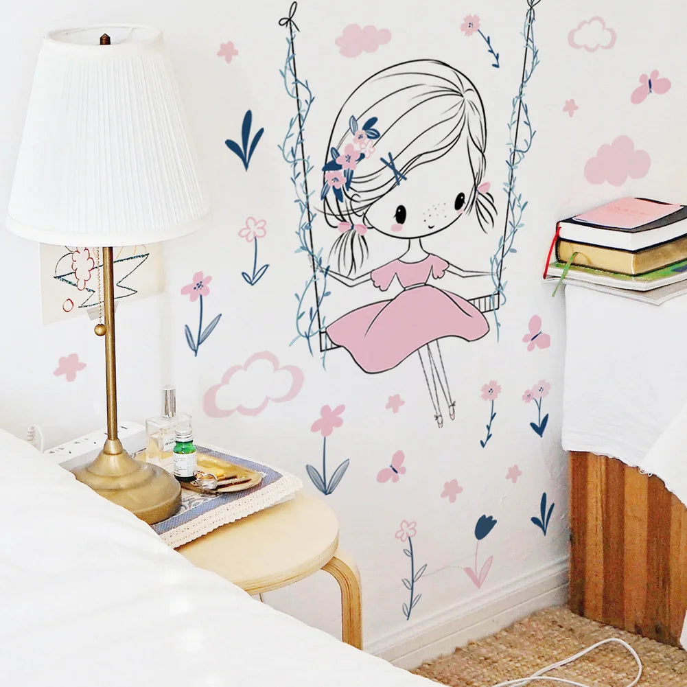 sticker mural fille balançoire fleurs nuages autoadhésif pvc eau illustration colorée chambre enfant