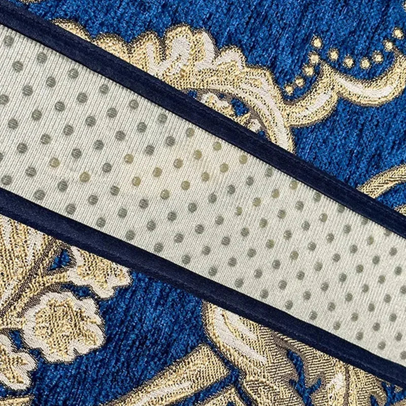 Motif floral abstrait en tons de bleu et de doré avec des points sur un fond texturé.