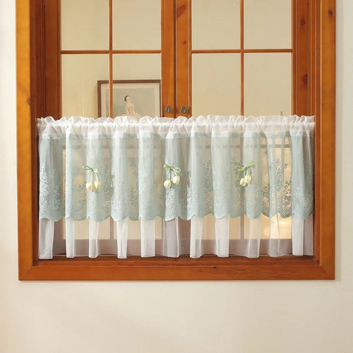 rideau brodé fleurs papillons bleu clair blanc transparent classique polyester