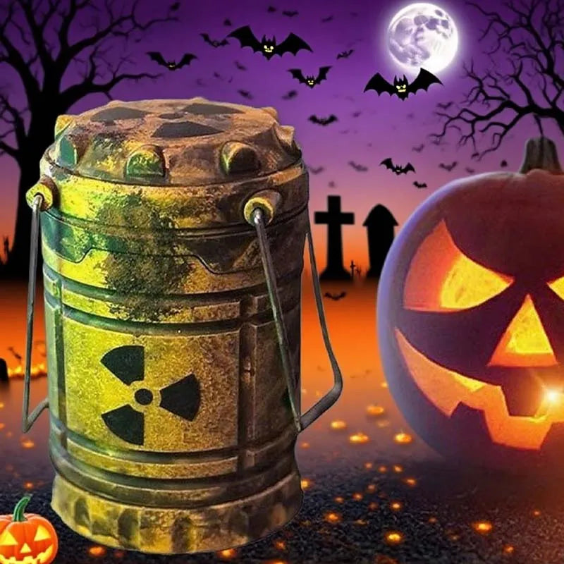 veilleuse deco radioactive bidon vert motif danger science fiction halloween citrouille chauve souris tombes